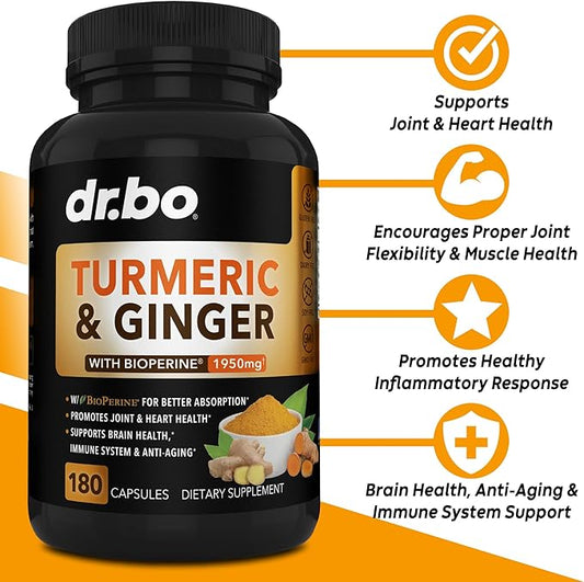 Turmeric Curcumin with BioPerine & Ginger Supplement 1950mg Organic 180 Capsules