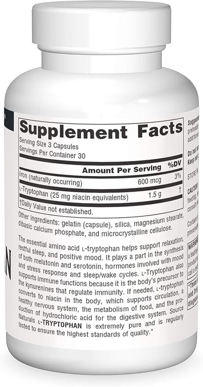 Source Naturals L-Tryptophan, for Mood, Relaxation, 500mg - 90 Capsules