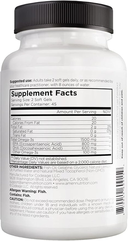 Amen Omega-3 Supplement 1500mg High-Potency 3 - 45-Day Supply 90 Soft
