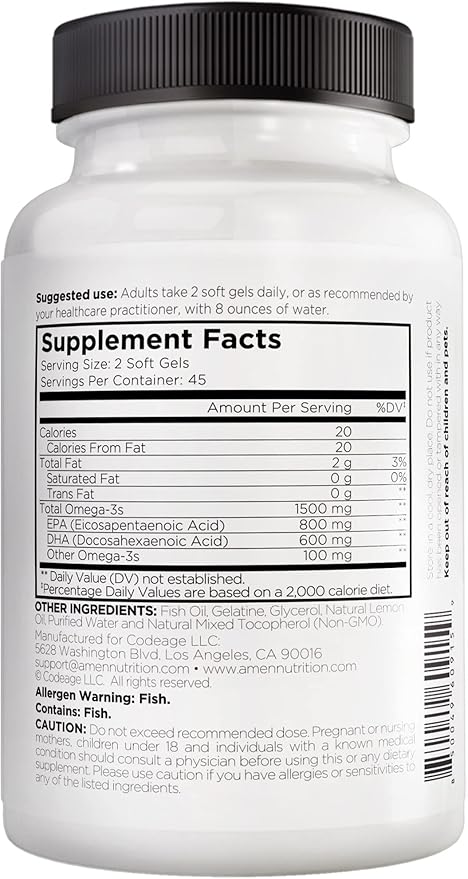 Amen Omega-3 Supplement 1500mg High-Potency 3 - 45-Day Supply 90 Soft