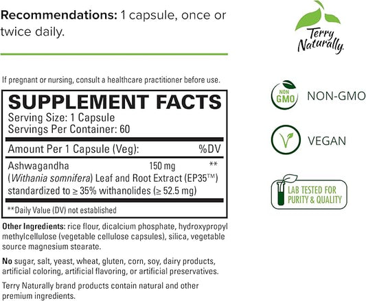Terry Naturally Ashwagandha EP35 Extra Strength 60 Capsules, 2 - 120 Total