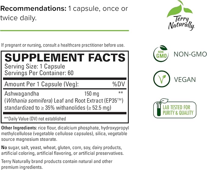 Terry Naturally Ashwagandha EP35 Extra Strength 60 Capsules, 2 - 120 Total