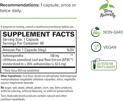 Terry Naturally Ashwagandha EP35 Extra Strength 60 Capsules, 2 - 120 Total