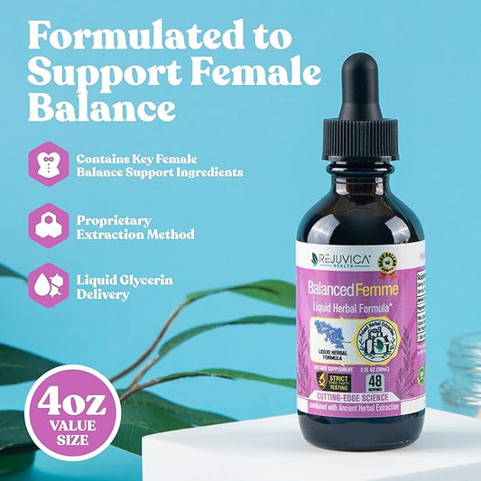 Rejuvica Health Balanced Femme - Advanced Female Balance Support Supplement - Liquid Delivery for Better Absorption - Vitex, Dong Quai, Black Cohosh, Maca Wild Yam & More!