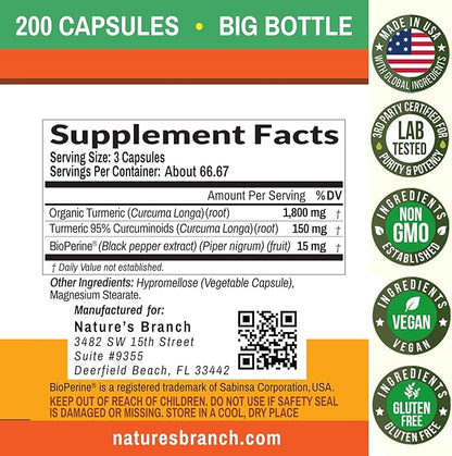 Turmeric Curcumin with Black Pepper - Organic Turmeric Powder - 200 Capsules - 1965mg Extra Strength, Joint Support Supplement - High Absorption, BioPerine Extract, High Potency, Vegan - Made in USA