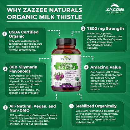 Zazzee USDA Organic Milk Thistle 30:1 7500 mg 120 Vegan 80% Silymarin 30X Extract, 100% Vegetarian,