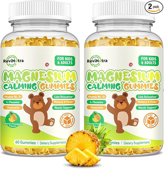 Magnesium Gummies for Kids - Magnesium Glycinate, L-Threonate Supplement with L-Theanine, Vitamin B6, D3 for Adults & Kids, Calm Magnesium for Sleep, Relaxation, Brain,Bones,Sugar Free Pineapple 120ct
