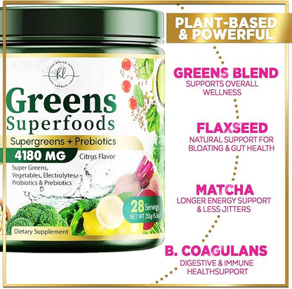 Green Powder Superfood, Organic Super Greens Powder Juice & Smoothie Drink Mix, Gut Health & Bloating Support, Probiotics, Spirulina, Chlorella & Beet Root for Digestive & Energy Support - 28 Servings