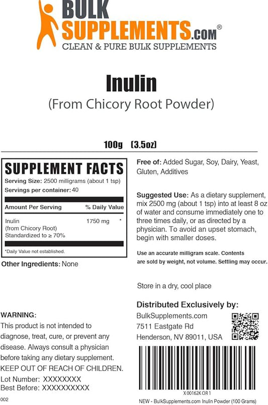 BulkSupplements.com Inulin Powder - Inulin Supplement, Soluble Fiber Powder - Vegan & Gluten Free, Inulin Fiber - 2500mg per Serving, 100g (3.5 oz) (Pack of 1)