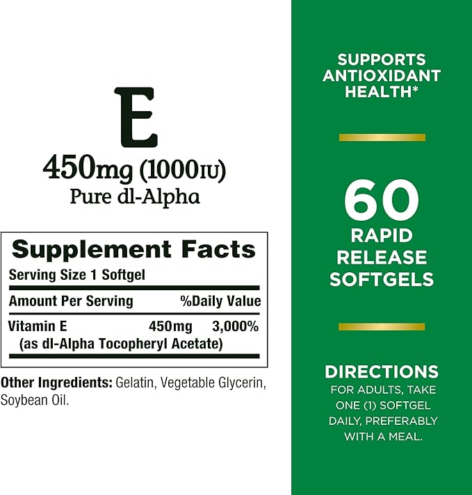 Nature's Bounty Vitamin E 1000 IU 1 Pack, 60 Softgels