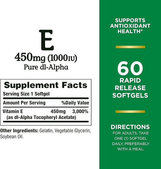 Nature's Bounty Vitamin E 1000 IU 1 Pack, 60 Softgels