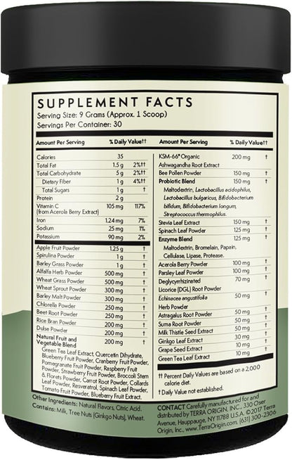 TERRA ORIGIN Superfoods Greens for Immune Defense and Digestive Support | with Spirulina, Probiotics, Organic Vegetables, Digestive Enzymes | Non-GMO | 30 Servings | Mint Flavor