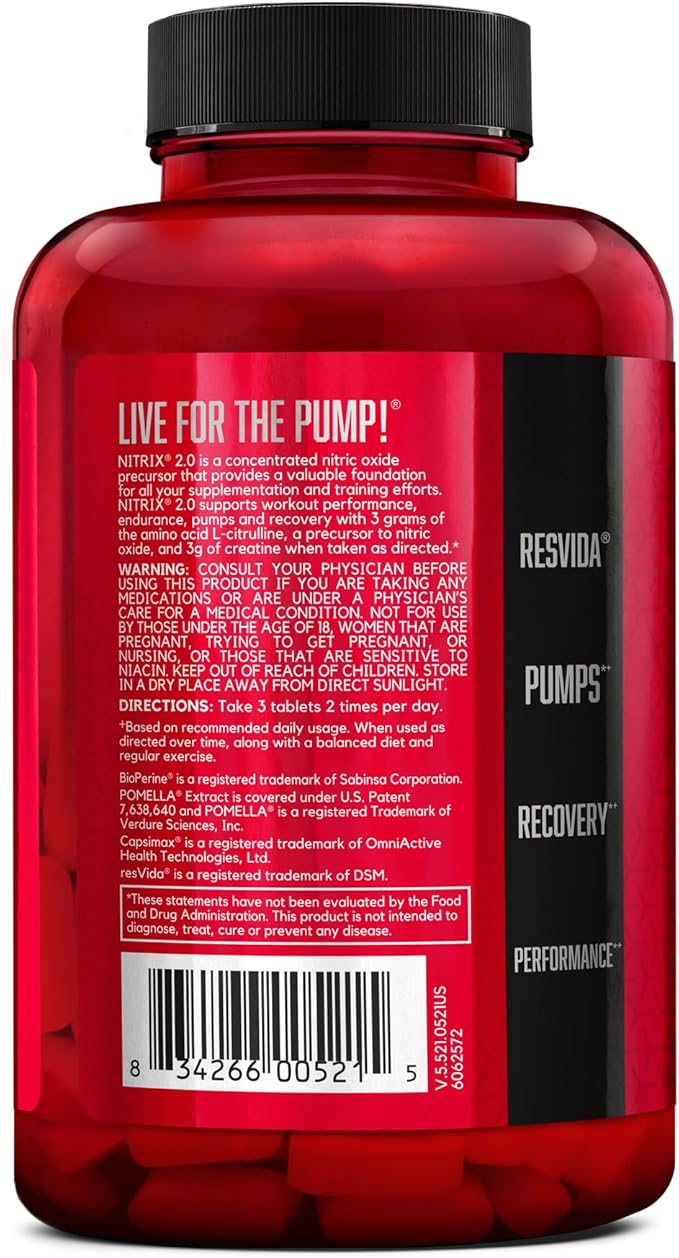 BSN NITRIX 2.0 - Nitric Oxide Precursors, 3g Creatine, 3g L Citrulline - Supports Workout Performance, Pumps, Muscle Recovery and Endurance - 180 Tablets