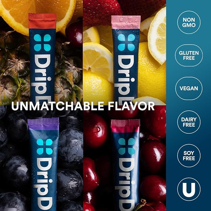 DripDrop Hydration - Juicy Variety Pack - Electrolyte Drink Mix Single Serve Powder Packets - Grape, Fruit Punch, Strawberry Lemonade, Cherry | Non-GMO, Gluten Free, Vegan | 32 Sticks