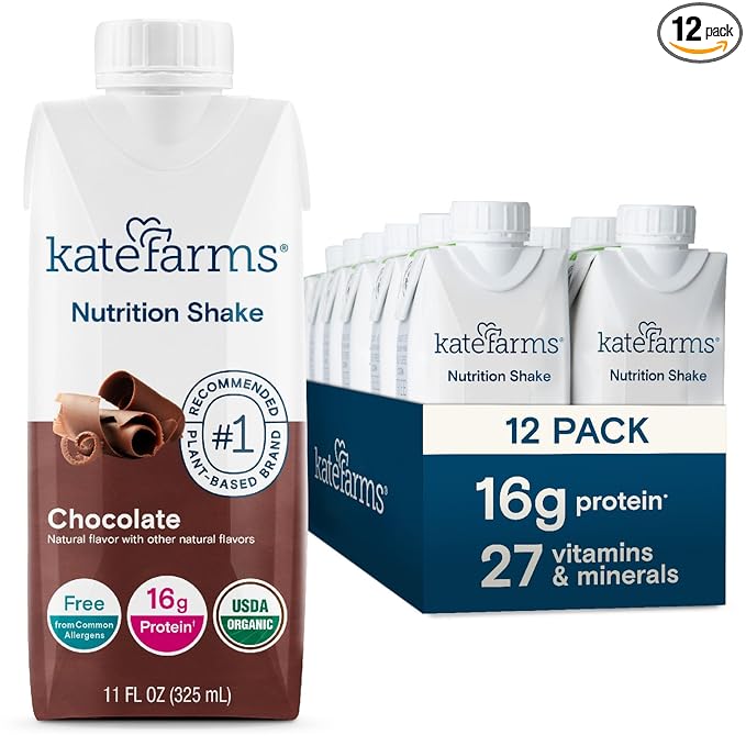KATE FARMS Organic Nutrition Shake, Chocolate, 16g Protein, 27 Vitamins 11 oz (12 Pack)