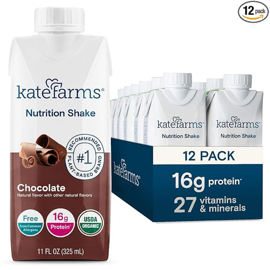 KATE FARMS Organic Nutrition Shake, Chocolate, 16g Protein, 27 Vitamins 11 oz (12 Pack)