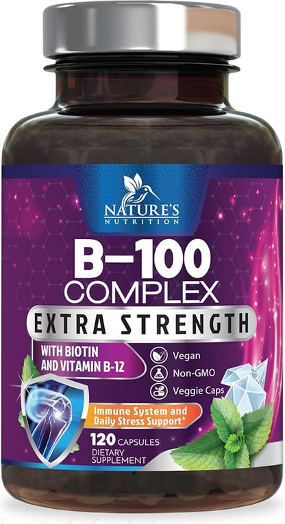 Vitamin B Complex Capsules with Vitamins B1 B2 B3 B6 B12 B100 C Biotin Folate & Folic Acid - Supplement for Energy, Brain, & Immune Support - Super B Vitamin Complex for Women & Men - 120 Vegan Pills