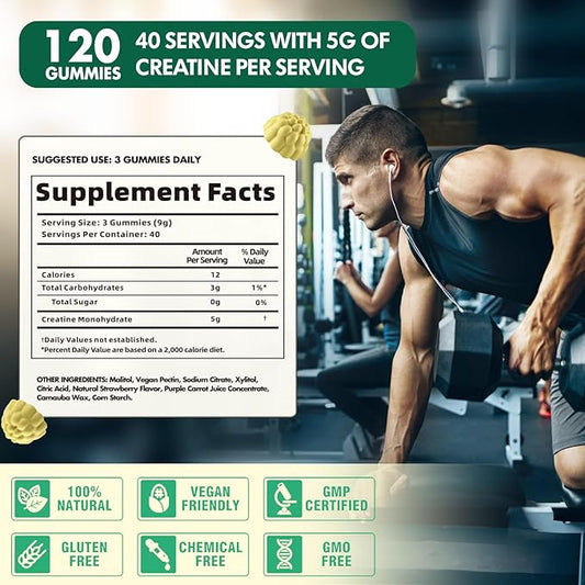 Creatine Monohydrate Gummies 5000mg for Men & Women, Creatine Monohydrate for Muscle Strength, Muscle Builder, Energy Boost, Pre-Workout Supplement(120 Count)-Pineapple Flavor