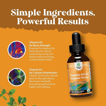 Natures Craft Liquid Vitamin D3 with K2 for Adults - Organic Drops 2000IU per Serving Vegan Bone Muscle Heart & Immune Support MCT Oil Enhanced Absorption