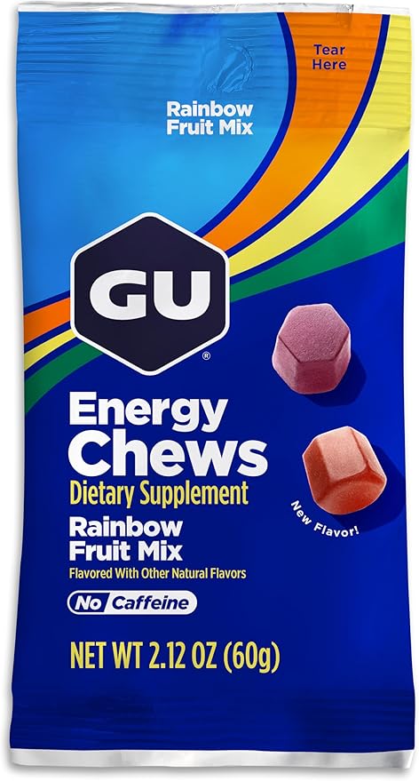 GU Energy Chews, Rainbox Mix Energy Gummies with Electrolytes, Vegan, Gluten-Free, Kosher, Caffeine Free, and Dairy-Free On-The-Go Energy for Any Workout, 12 Bags (24 Servings Total)