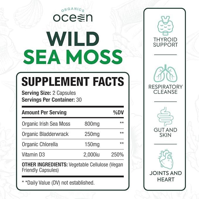 Wild Sea Moss Capsules - 100% Organic Irish Sea Moss with Organic Chlorella, Bladderwrack and Vitamin D for Energy, Lung Health and Thyroid Support for Women and Men - 6 Bottles