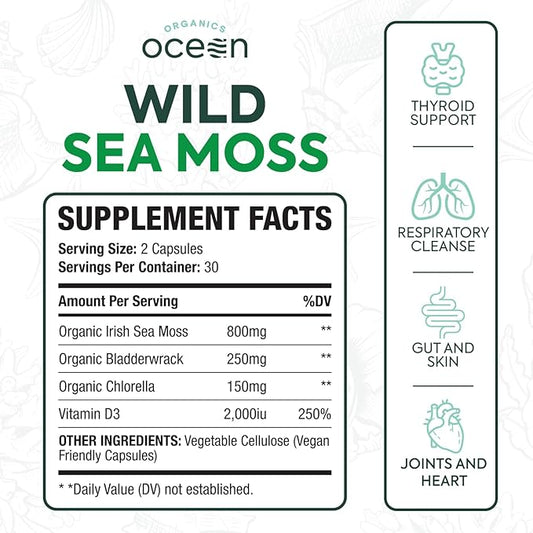 Wild Sea Moss Capsules - 100% Organic Irish Sea Moss with Organic Chlorella, Bladderwrack and Vitamin D for Energy, Lung Health and Thyroid Support for Women and Men - 6 Bottles