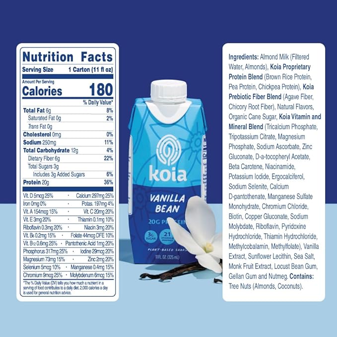 Koia - Plant Based Protein Shake 20g Protein, 3g Sugar, 6g Prebiotic 21 Vitamins 11 fl 12 Bottles