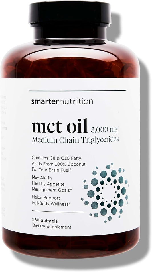Smarter Nutrition MCT Oil Capsules C8 and C10 - Ketogenic Fuel for Brain & Body, Sustained Energy - from Cold-Pressed Coconut, Palm & Gluten-Free, Non-GMO 180 Count - 60-Day Supply