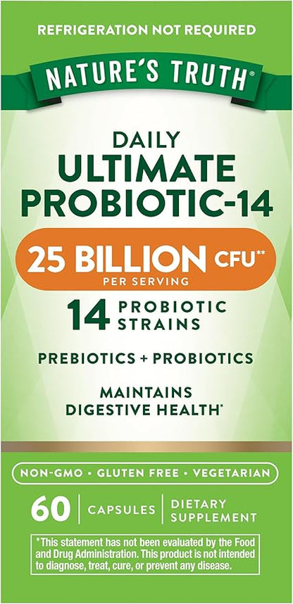Nature's Truth Probiotics for Men and Women | 25 Billion CFU | 60 Capsules | 14 Strains | Non-GMO & Gluten Free Digestive Health Supplement