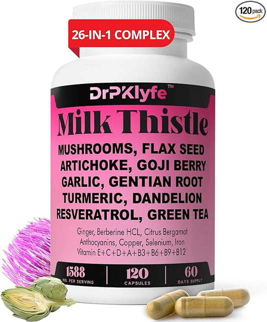 26-in-1 Liver Health Milk Thistle, Dandelion, 80% Silymarin 120 Vegan 2 Month