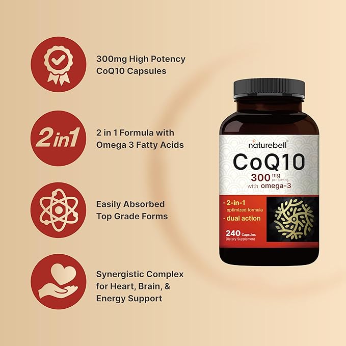 CoQ10 (Ubiquinone) 300mg with Omega 3 240 Capsules Q10 Supplement