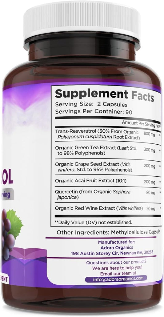 Resveratrol 1600mg, Trans-Resveratrol Antioxidant Supplement 180 Capsules