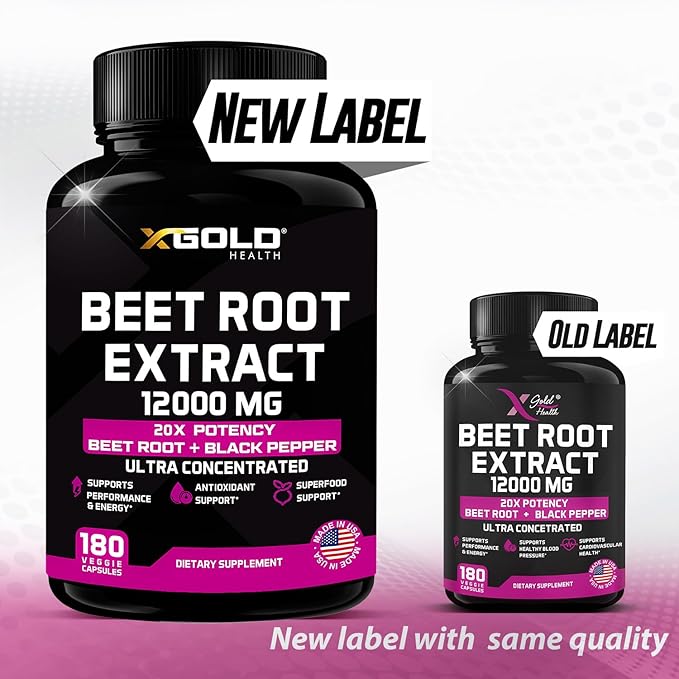 Beet Root Extract Capsules - 12000mg 20x Concentrated Beet Root Capsules Supplement w/Black Pepper - High Nitrates - Natural Nitric Oxide Booster - Highly Concentrated & Bioavailable -180 Veggie Caps
