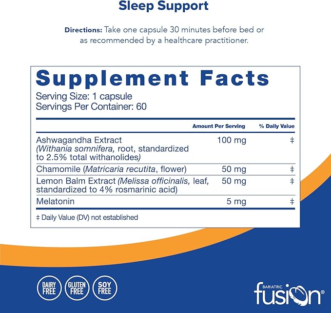 Bariatric Fusion Sleep Support | Vegan Sleep Supplement with Melatonin and Ashwagandha | Bariatric Vitamin for Adults* | Gluten, Dairy and Soy Free | Non-GMO | 60 Capsules