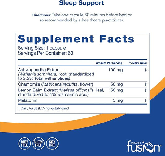 Bariatric Fusion Sleep Support | Vegan Sleep Supplement with Melatonin and Ashwagandha | Bariatric Vitamin for Adults* | Gluten, Dairy and Soy Free | Non-GMO | 60 Capsules