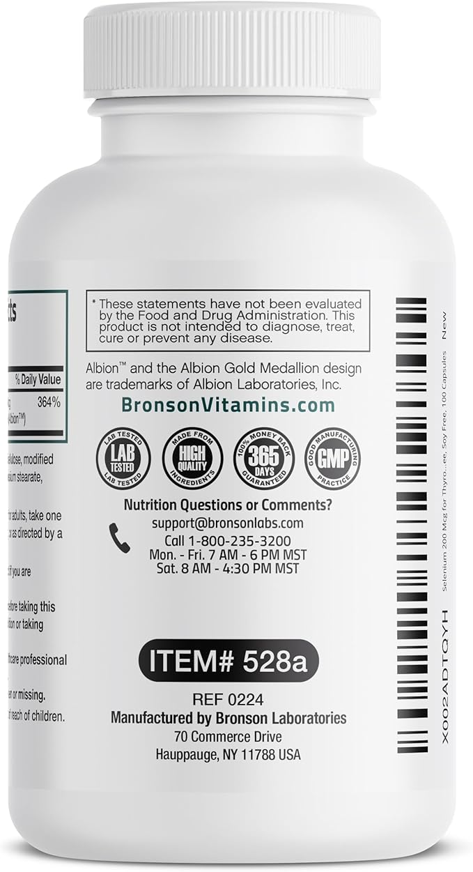 Bronson Selenium 200 mcg – Yeast Free Chelated Amino Acid Complex - Essential Trace Mineral with Superior Absorption, 100 Vegetarian Capsules