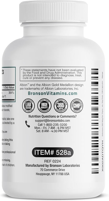 Bronson Selenium 200 mcg – Yeast Free Chelated Amino Acid Complex - Essential Trace Mineral with Superior Absorption, 100 Vegetarian Capsules