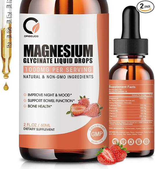 (2 Pack) Magnesium Glycinate Liquid Drops,1000 B6, C,