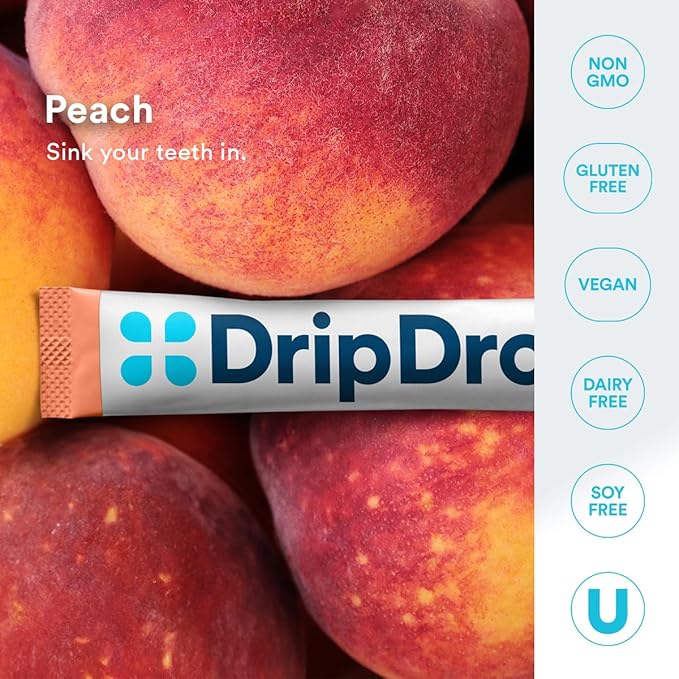 DripDrop Hydration - Zero Sugar Peach - Electrolyte Drink Mix Single Serve Powder Packets | Non-GMO, Gluten Free, Vegan | 32 Sticks