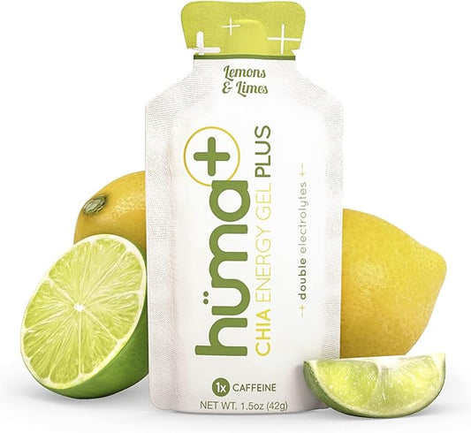 Huma Plus (Double Electrolytes) - Chia Energy Gel, Lemon Lime, 12 Gels, 25mg Caffeine - Stomach Friendly, Real Food Energy Gels