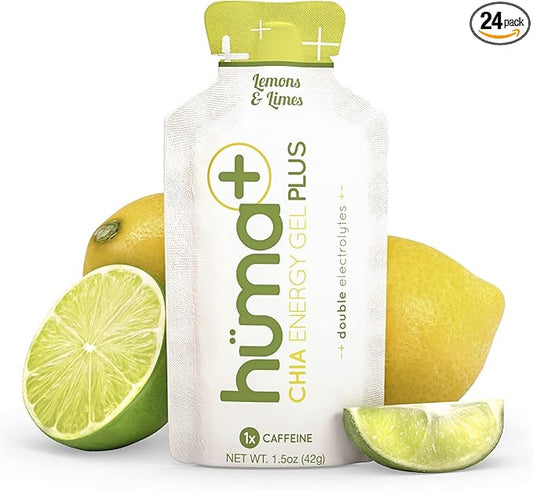 Huma Plus (Double Electrolytes) - Chia Energy Gel, Lemon Lime, 24 Gels, 25mg Caffeine - Stomach Friendly, Real Food Energy Gels