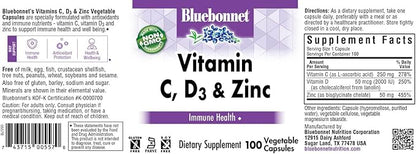 Bluebonnet Nutrition Vitamin C, D3 & Zinc, for Immune Health and Respiratory Function*, Soy-Free, Gluten-Free, Non-GMO, Kosher Certified, Dairy-Free, 100 Vegetable Capsules, 100 Servings