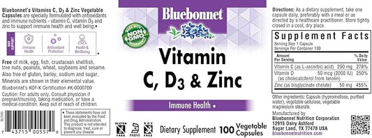 Bluebonnet Nutrition Vitamin C, D3 & Zinc, for Immune Health and Respiratory Function*, Soy-Free, Gluten-Free, Non-GMO, Kosher Certified, Dairy-Free, 100 Vegetable Capsules, 100 Servings
