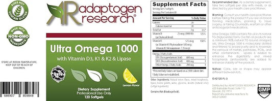 Ultra Omega 1000 with Vitamin D3, K1, K2 K2 | 1000mg of 3 Fatty 120 Softgels