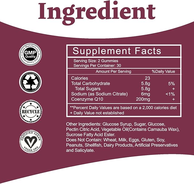 High Absorption - CoQ10 Gummies 200mg Q10 - CoQ10 Gummies 60 Count