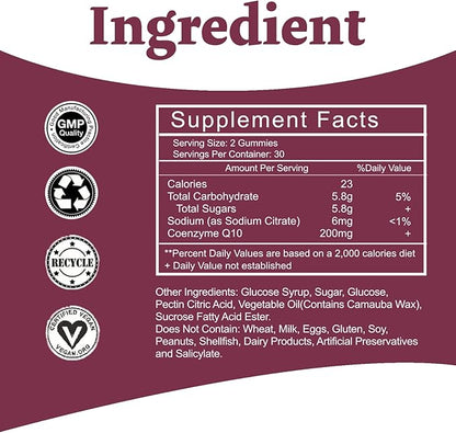 High Absorption - CoQ10 Gummies 200mg Q10 - CoQ10 Gummies 60 Count