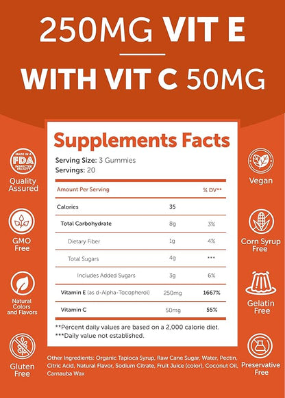 Lunakai USA Made Vitamin E Gummies 400IU with Vitamin C - Delicious, Vegan, Non-GMO Supplement for Daily Skin & Eye Support, d-Alpha Tocopherol, 60ct