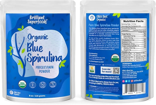 Organic Blue Spirulina Powder - 8oz - Odorless - from Blue Green Algae - Vegan, Non GMO, Gluten-Free, Dairy-Free - USDA Certified Natural Blue Coloring for Smoothies & Protein Drinks