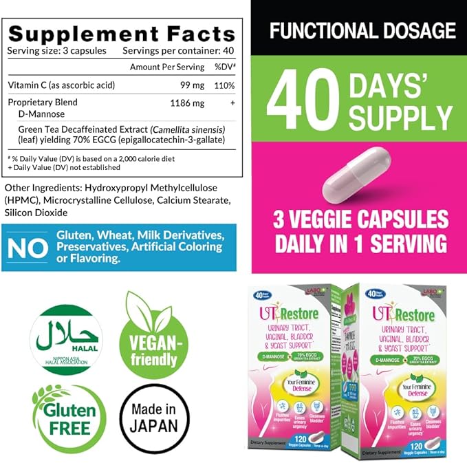 LABO Nutrition UTRestore D-Mannose & Green Tea Extract 70% EGCG, Urinary Tract Health for Women, Bladder Support with Vitamin C, 40 Days Supply, Vegan, Fast-Acting, Flush, Cleanse, Halal Certified