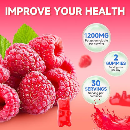 Potassium Citrate Gummies, High Potassium Supplement Gummies 1200mg Support Leg Cramps & Muscle Health, Potassium Gummies for Adults & Kids, Vegan, Raspberry Flavor 120 Count